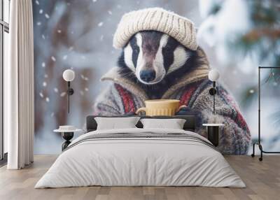 A cute badger with a knitted hat and sweater drinks cocoa in the winter forest.Generative AI Wall mural