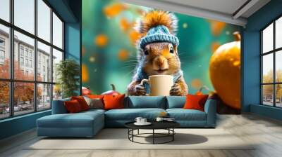 A cute squirrel in a knitted hat drinks tea from a cup against the backdrop of an autumn forest.Beautiful card for Thanksgiving.Generative AI Wall mural