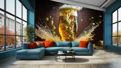 Foamy beer splashing out of glass with swirl, splash, drops and hops on the nature background.Generative AI Wall mural