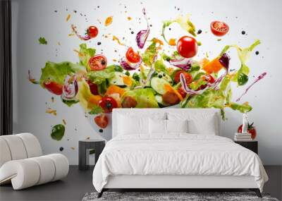 Vegetable salad in a bowl with flying ingredients and drops of olive oil.Generative AI Wall mural