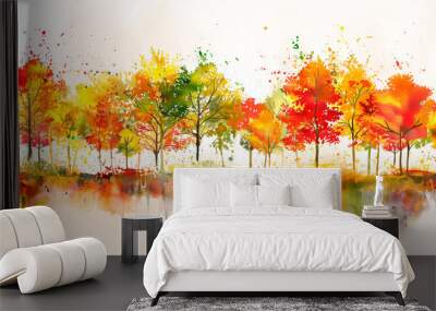 Watercolor painting colorful autumn background. Abstract drawing forest with red yellow orange and fire colors trees in fall season. Art illustration landscape for background. Wall mural