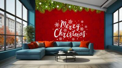 Christmas tree border with holiday decor on red Wall mural