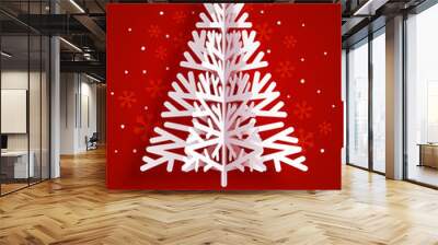 Greeting card with paper Christmas tree on red background for Your holiday design Wall mural