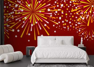 Horizontal panoramic banner with golden fireworks on red background for Christmas and New Year holiday design Wall mural