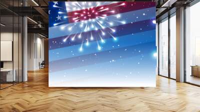 Independence day horizontal panoramic banner with American flag and fireworks on night starry sky background Wall mural