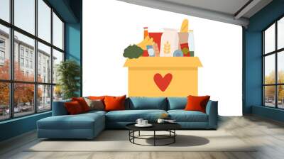 Coronavirus donation food. Donation box with heart. Box with different types of food supplies. Vector Illustration Wall mural