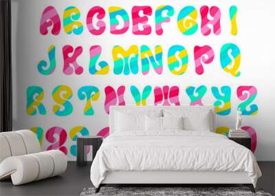 Psychedelic font with colorful pattern. Vintage hippie alphabet on white. Wall mural