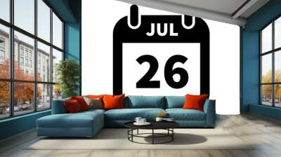 Simple black calendar icon with 26 july date isolated on white Wall mural