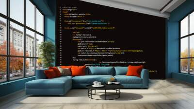 Simple website HTML code with colourful tags in browser view on dark Wall mural