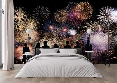 Group of people looks beautiful colorful holiday fireworks Wall mural