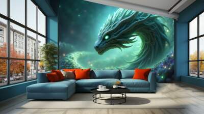 A majestic, otherworldly creature, a fusion of nature and technology, emerges from a swirling vortex of energy. Wall mural