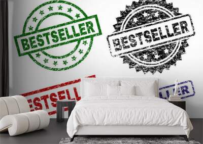 BESTSELLER seal prints with distress surface. Black, green,red,blue vector rubber prints of BESTSELLER text with corroded surface. Rubber seals with round, rectangle, rosette shapes. Wall mural