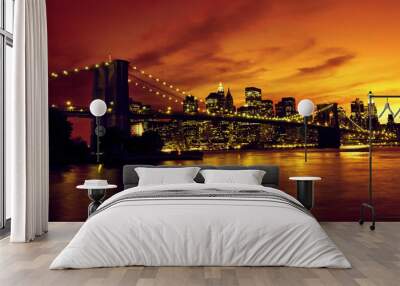 brooklyn bridge and manhattan at sunset, new york Wall mural