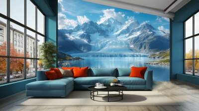 huge alpine glacier melts, giving rise to a lake of clear water Wall mural