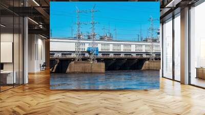 hydroelectric dam on a wide river, view from the downstream Wall mural