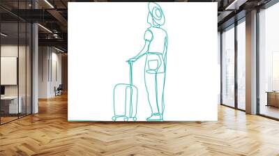 One continuous line drawing of a woman with suitcase.   Air trip and journey symbol in editable stroke. Wall mural