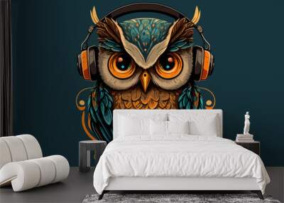 Owl with headphones vintage retro vector Illustration Wall mural