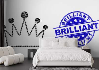 Pixelated crown mosaic icon and Brilliant seal. Blue vector rounded scratched seal stamp with Brilliant caption. Vector composition in flat style. Black isolated crown mosaic of random circles, Wall mural