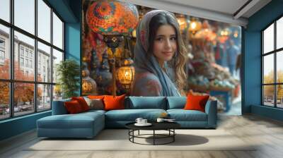 portrait of a girl in a headscarf against the backdrop of an oriental bazaar with a lantern shop Wall mural