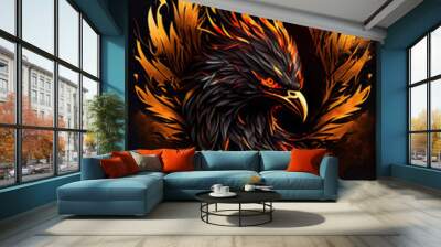 Burning bird phoenix rising form flames and fire, logo Wall mural