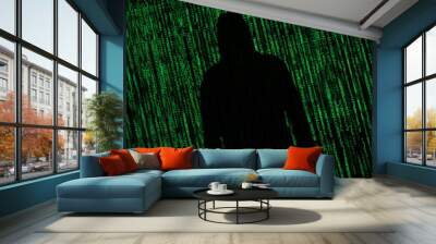 Hacker Internet security concept. Hacker silhouette on matrix background Wall mural