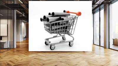 Metal round pipes in a shopping cart. Purchase of rolled metal products Wall mural