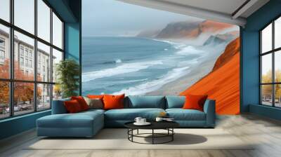 top view of foggy sea coast from high sandy shore Wall mural