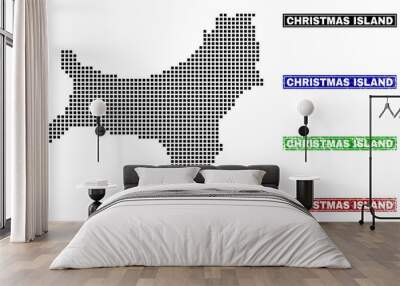 Vector dot abstracted Christmas Island map and isolated clean black, grunge red, blue, green stamp seals. Christmas Island map name inside draft framed rectangles and with grunge rubber texture. Wall mural