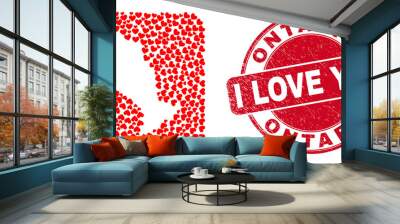 Vector mosaic Ontario Province map of lovely heart items and grunge love seal. Mosaic geographic Ontario Province map created as carved shape from rounded square shape with valentine hearts. Wall mural