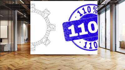 Web carcass gear icon and 110% seal stamp. Blue vector rounded scratched watermark with 110% text. Abstract carcass mesh polygonal model created from gear icon. Wall mural