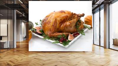 Traditional Roasted Turkey on White With Pumpkin Wall mural