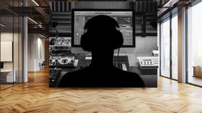 Man produce electronic music in project home studio. Silhouette. Black and white photo. Wall mural