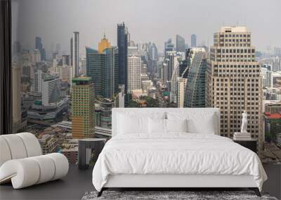 Skyline of Bangkok city panorama. High-angle cityscape view on modern metropolis city at day time. Skyscrapers and modern buildings, architecture and transport on street Wall mural