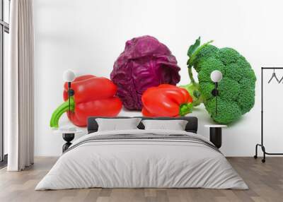 red cabbage, broccoli and sweet peppers on a white background cl Wall mural