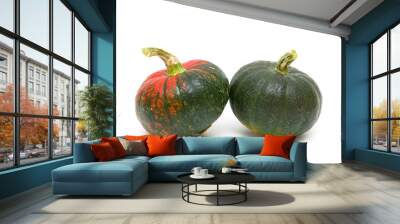 two mature pumpkins close-up on white background. Wall mural