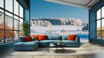 Rural landscape in winter frosty day Wall mural