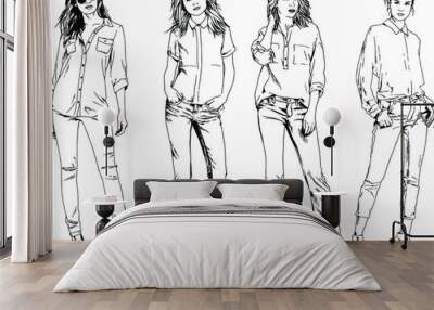 beautiful slim girl in casual clothes, drawn in ink by hand on a white background Wall mural