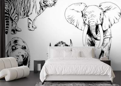 set of vector drawings of various animals, predators and herbivores, hand-drawn sketches, tattoos	 Wall mural