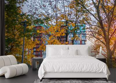 Autumn Urban Landscape  and  building in Hightech Architecture. yellowed leaves of trees fall  innovation park Wall mural