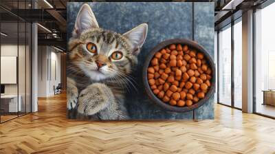  cat lying beside a bowl of dry cat food, staring intently with wide, expressive eyes.
 Wall mural