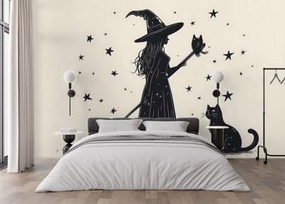 A beautiful witch in a black magic hat holding a broom stands beside her black cat. In the background, a spooky castle looms with bats flying, glowing pumpkins, and a translucent ghost floating by Wall mural