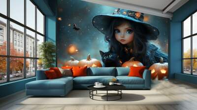 A beautiful witch wearing a black magic hat stands with a broom, while a black cat sits at her feet. Carved Halloween pumpkins are placed on the ground, creating a festive scene Wall mural