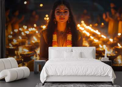 A beautifully dressed woman holding diya lamps in her hands, surrounded by floating candles in water, symbolizing the Diwali festival. She is adorned with traditional jewelry and flowers Wall mural