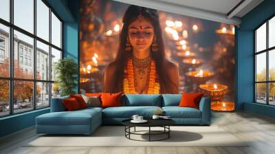 A beautifully dressed woman holding diya lamps in her hands, surrounded by floating candles in water, symbolizing the Diwali festival. She is adorned with traditional jewelry and flowers Wall mural