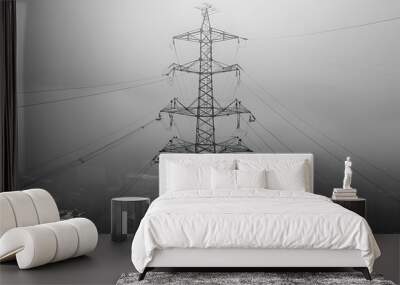 
A captivating wireframe depiction of transmission lines set against a deep blue backdrop, symbolizing energy infrastructure and technological advancement Wall mural