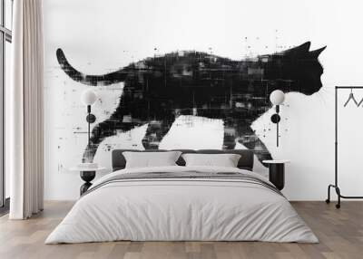 A digital illustration of a cat silhouette, featuring a binary code pattern against a white background, merging feline form with technology.
 Wall mural