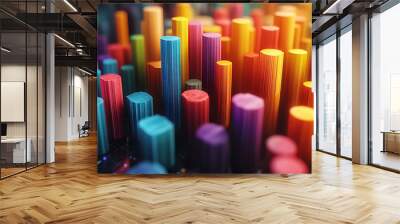 A dynamic 3D data visualization displaying colorful chart bars, illustrating business analytics, statistics, and trends in a modern, abstract style.
 Wall mural