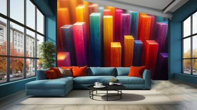 A dynamic 3D data visualization displaying colorful chart bars, illustrating business analytics, statistics, and trends in a modern, abstract style.
 Wall mural