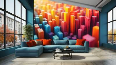 A dynamic 3D data visualization displaying colorful chart bars, illustrating business analytics, statistics, and trends in a modern, abstract style.
 Wall mural