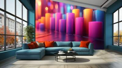 A dynamic 3D data visualization displaying colorful chart bars, illustrating business analytics, statistics, and trends in a modern, abstract style.
 Wall mural